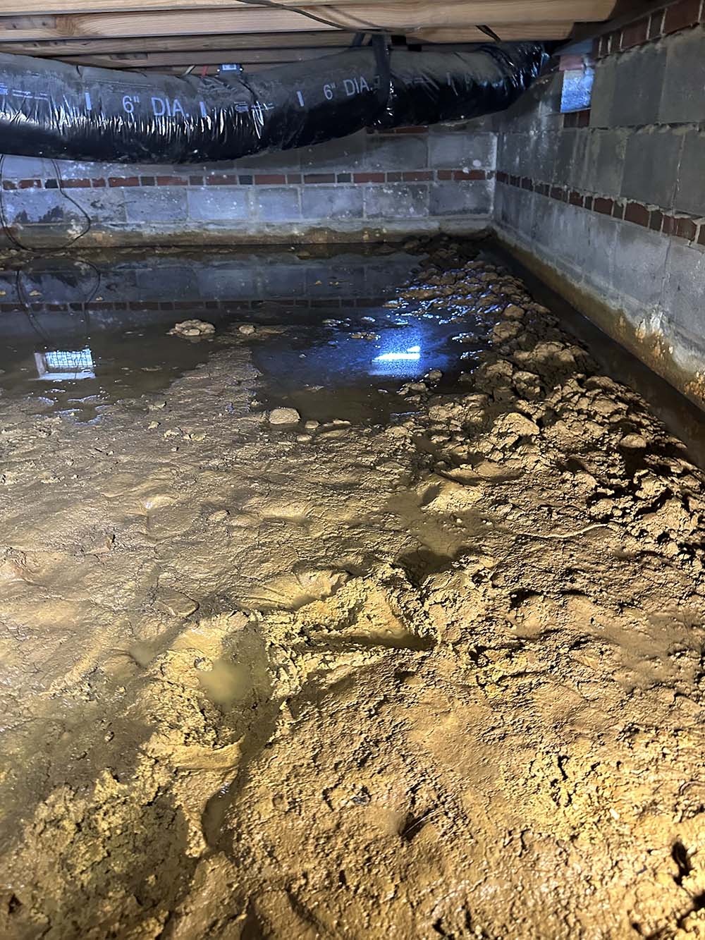 Wet, saturated soil and moisture damage inside a Raleigh, NC crawl space